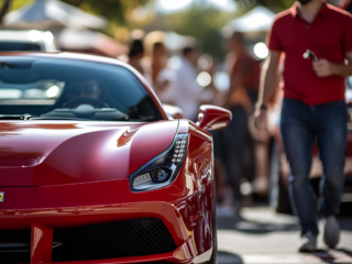 A shiny red sports car parked at a lot with random people seen in the background.