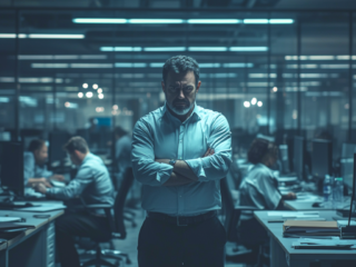 A middle-aged male office manager standing in the middle of an office with a stern expression on his face.