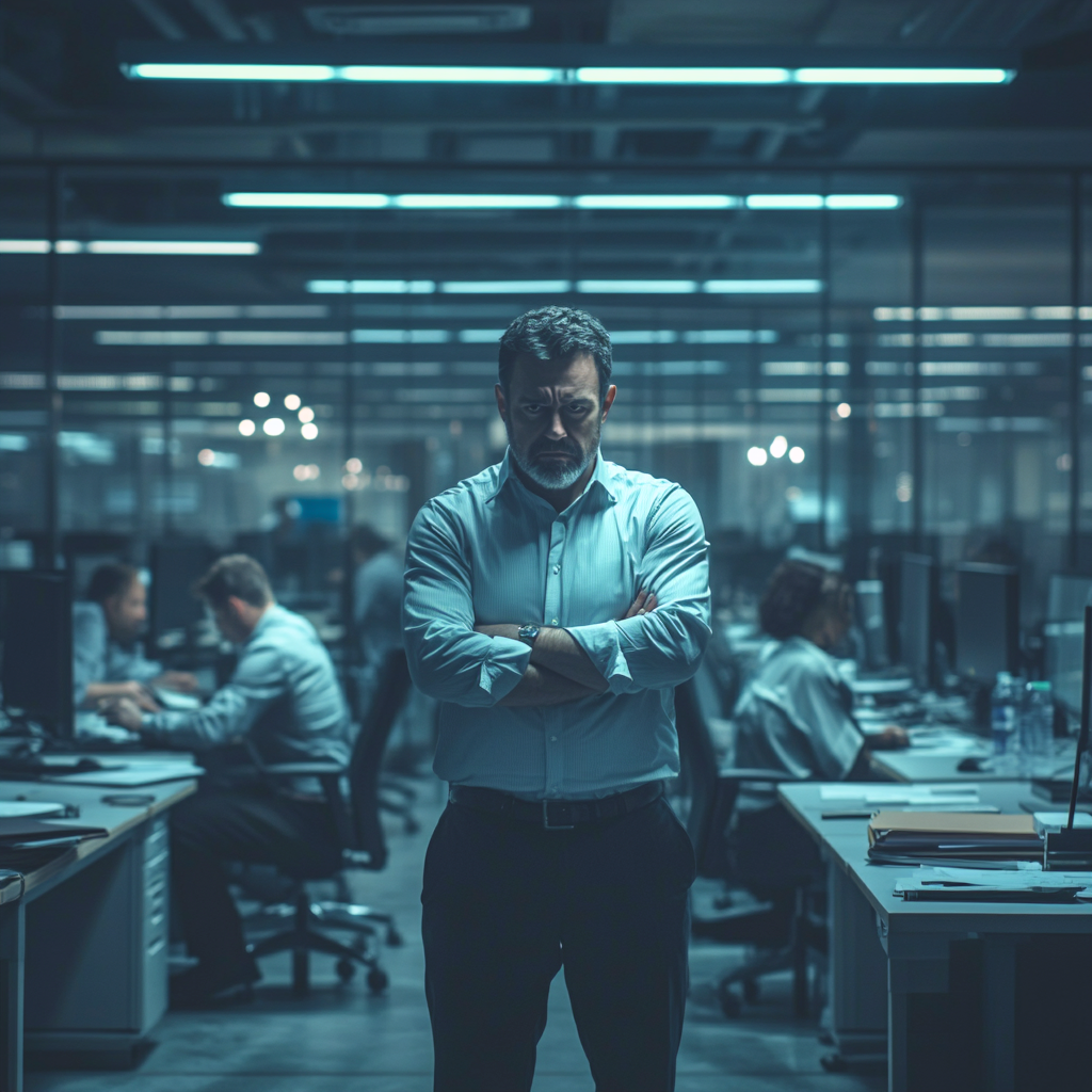 A middle-aged male office manager standing in the middle of an office with a stern expression on his face.