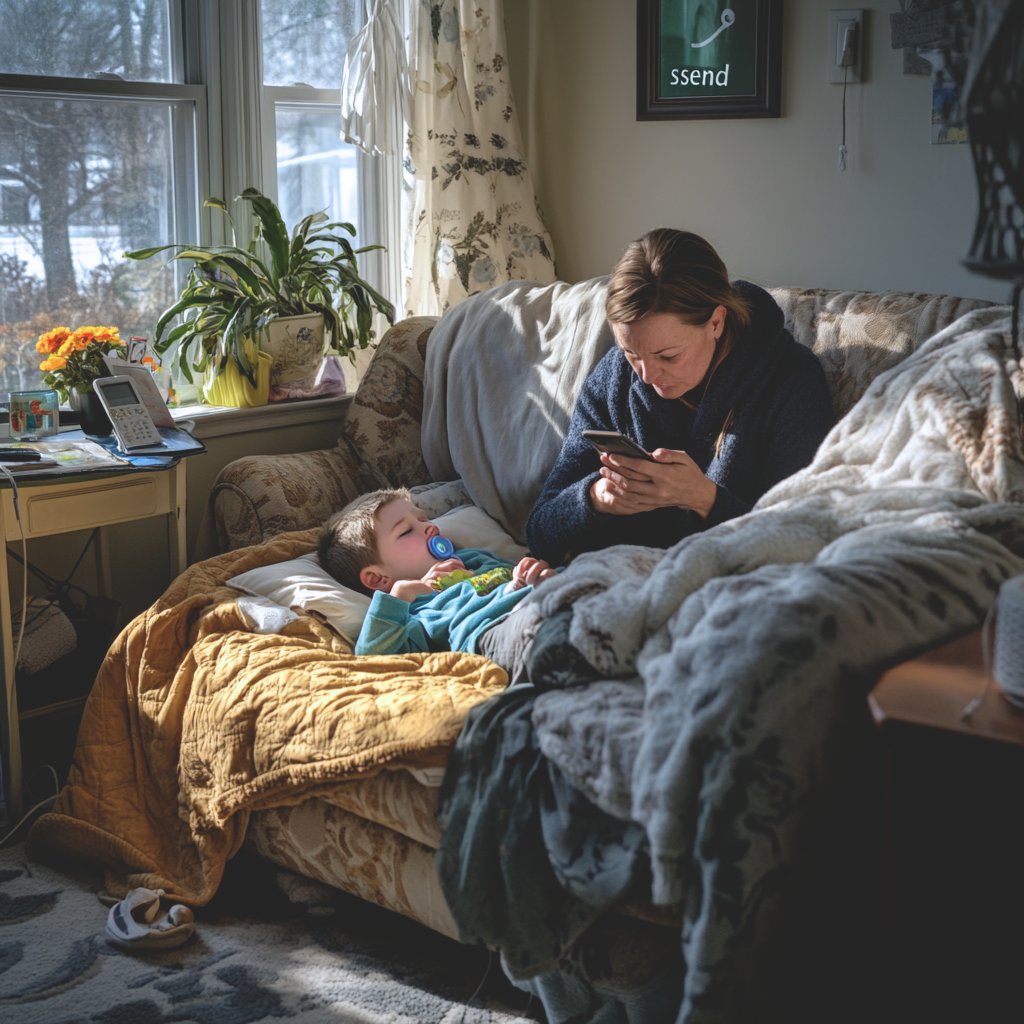 A mom sitting on a couch looking worriedly at her phone while a young boy sleeps beside her covered with a blanket.