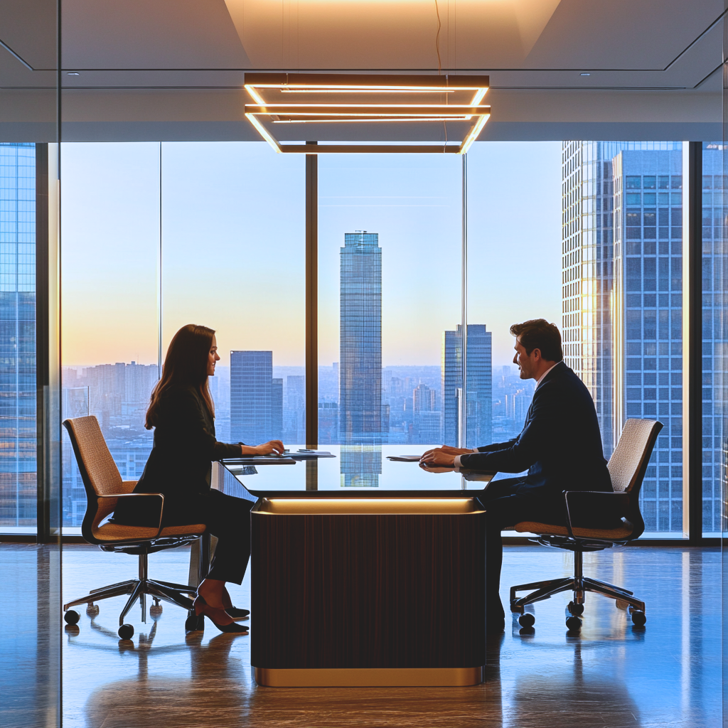 A woman and a man in business suits sitting on opposite sides of a table inside an office with floor-to-ceiling glass windows.
