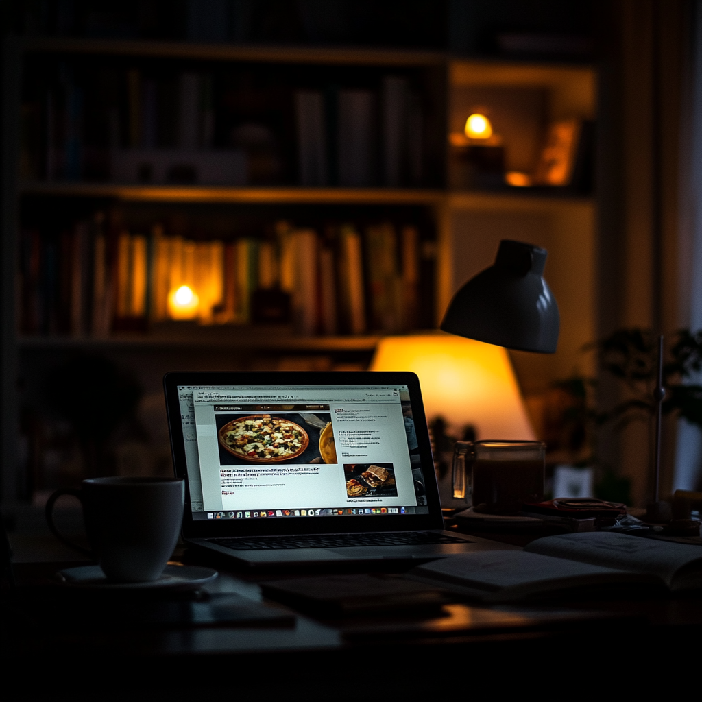 An open laptop in a dimly lit room with the screen showing a food blog page.