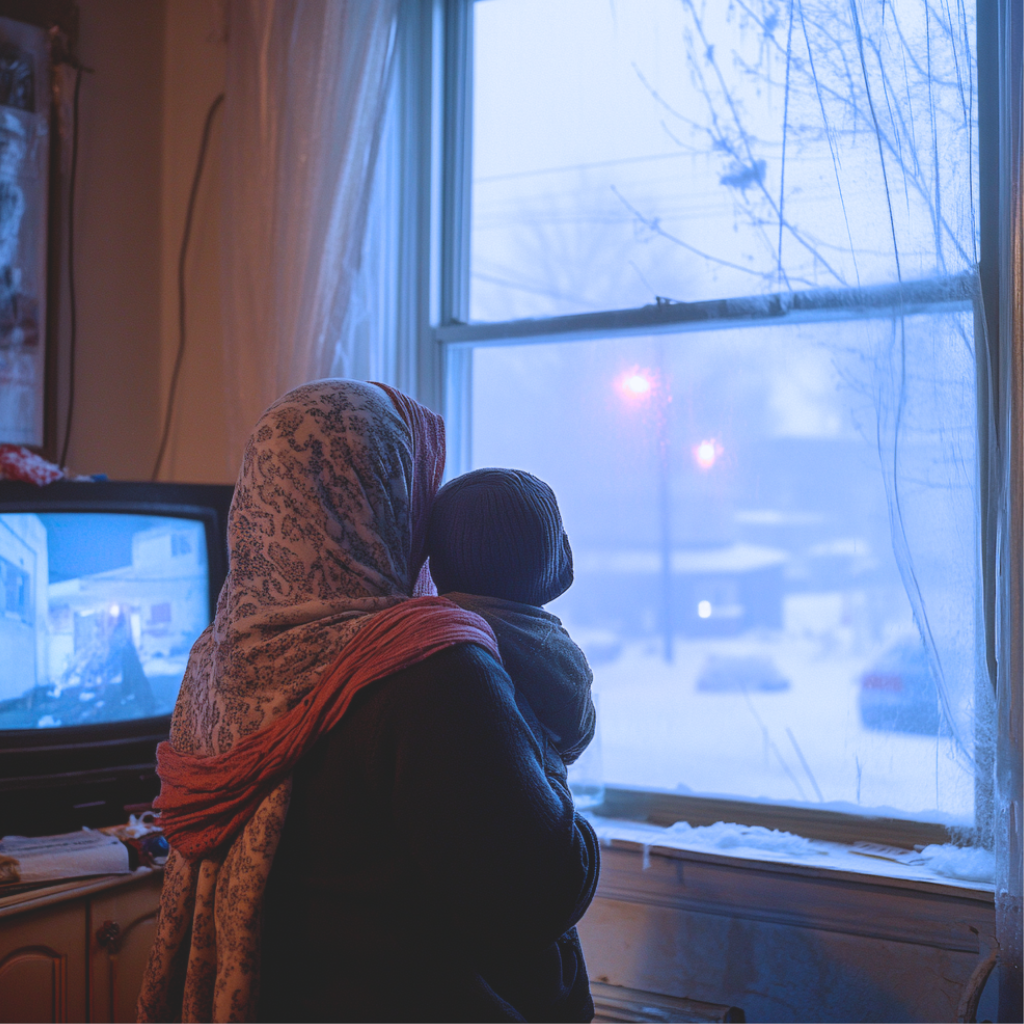A woman wearing a scarf and holding her child, looking out a frosted window on a snowy day.