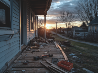 A damaged wooden porch with scattered tools, overlooking a neighborhood.