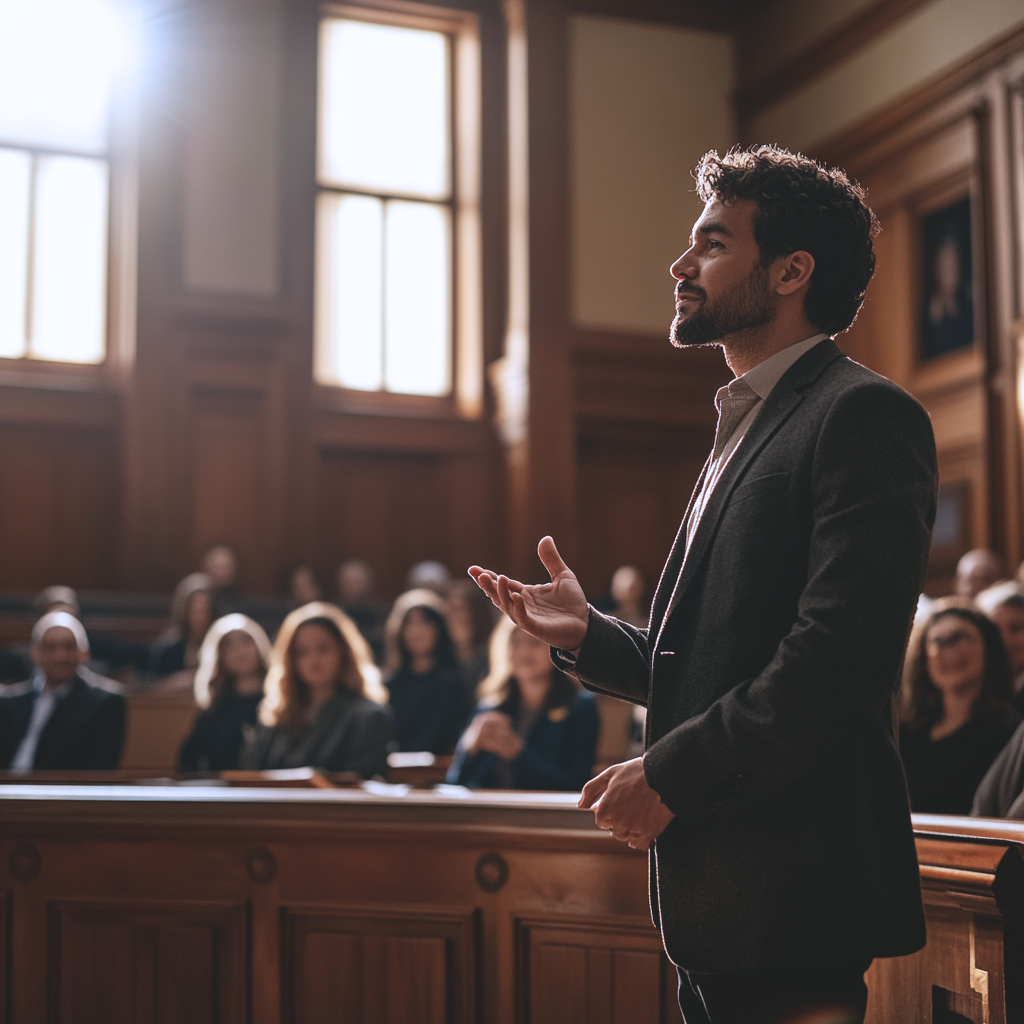 A man in a courtroom addressing an audience.