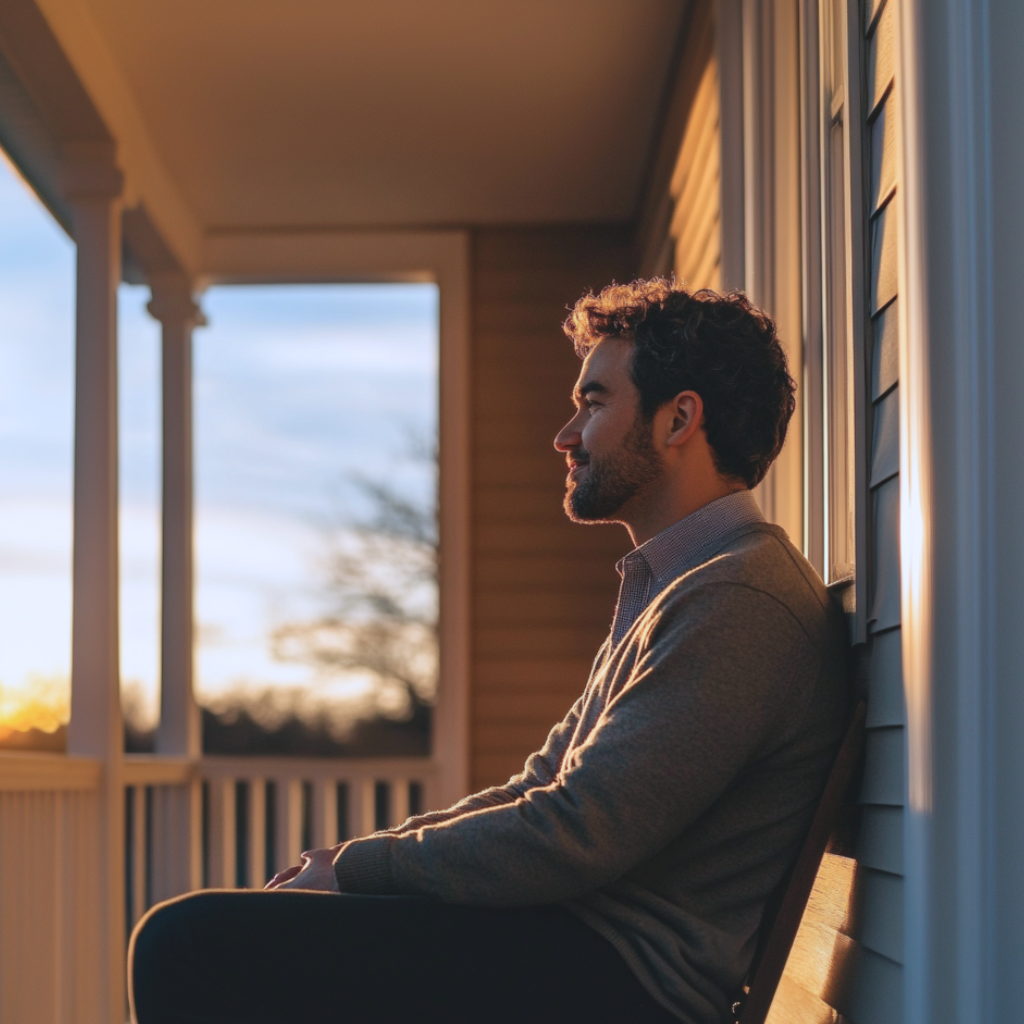 A man sitting on a porch during sunset, gazing into the distance.