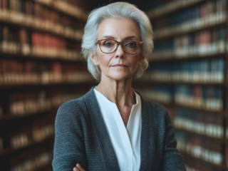 An old woman wearing glasses and grey sweater with a stern expression in front of bookshelves.