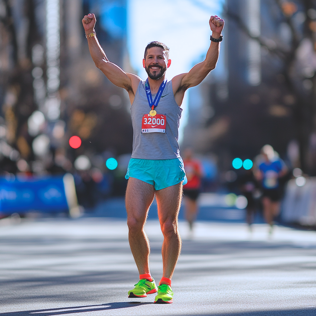 A male runner celebrates with arms raised after completing a marathon, wearing a medal and bib.