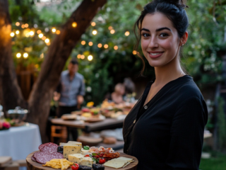 A smiling woman in a black dress holding a platter of assorted cheese and meats.