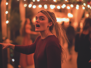 A woman looking upset and agitated while pointing her index finger at something outside the frame.