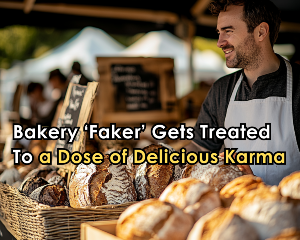 A man in a pristine apron stands confidently behind a sleek, modern bread stall at a lively farmers' market, flashing a self-satisfied grin.