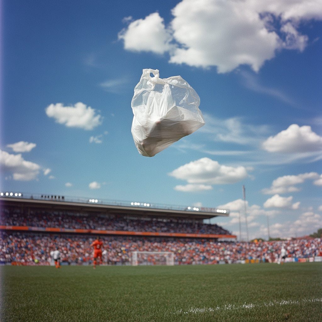 A plastic bag floating in the air at a soccer match.