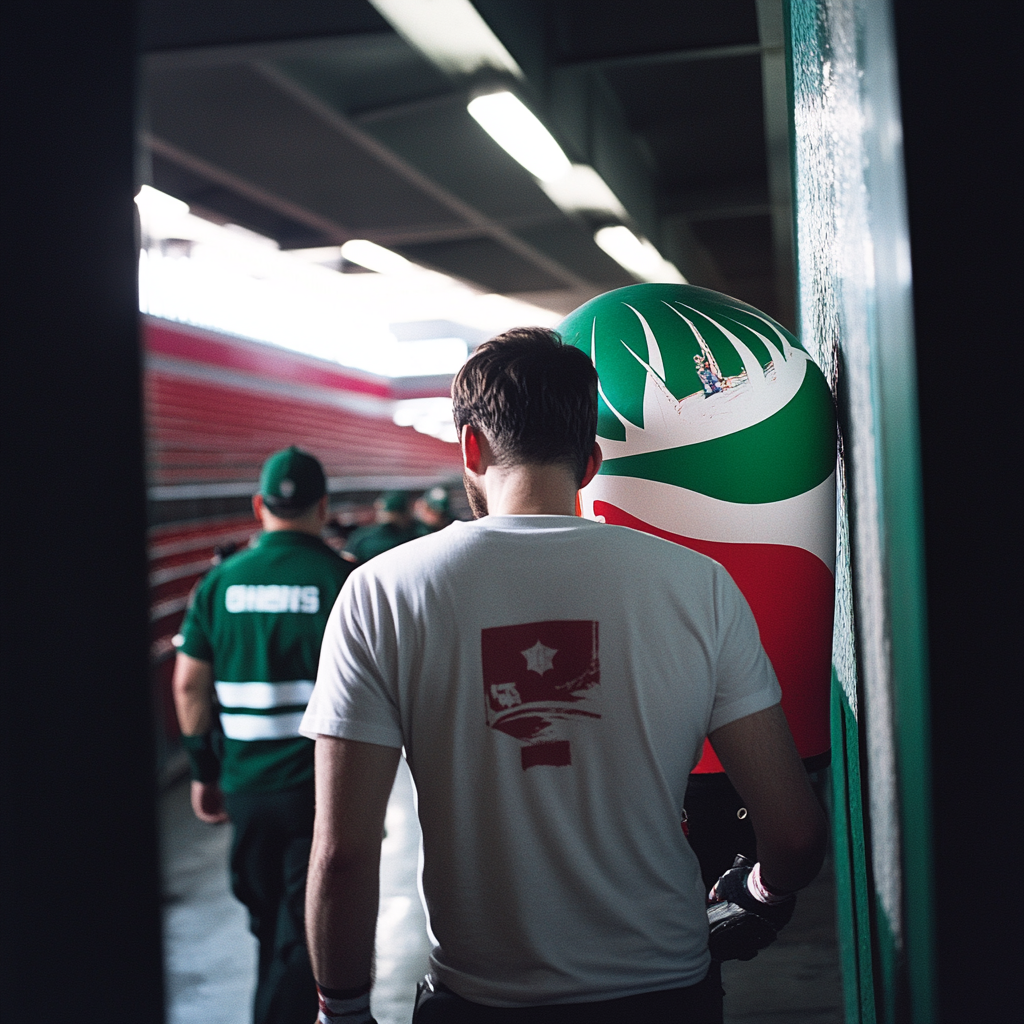 Back-view of a man in white shirt being escorted out of a stadium by security.