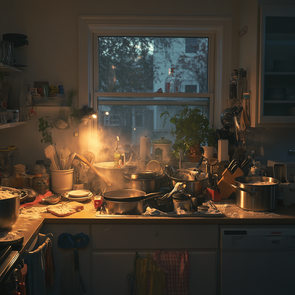 A messy kitchen with dirty pots and pans piled on the sunk and flour dusting the counter.