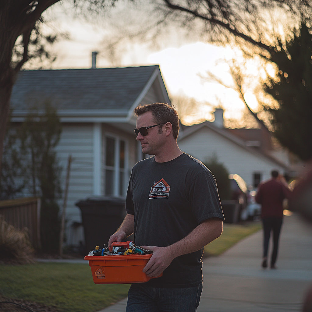 A middle-aged man walking confidently toward his house with a toolbox in hand in the afternoon sun.