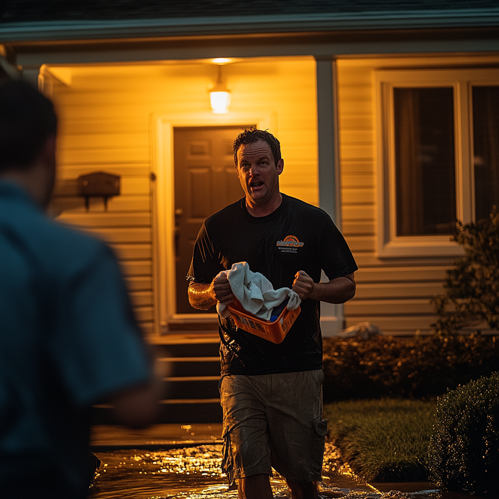 A middle-aged man bursting out of his front door, soaked to the bone, holding towels and looking panicked as water cascades down his front porch.