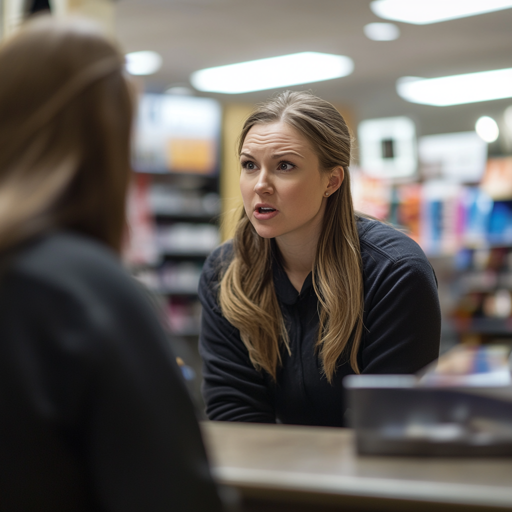 Woman angrily talking to an employee inside a store.