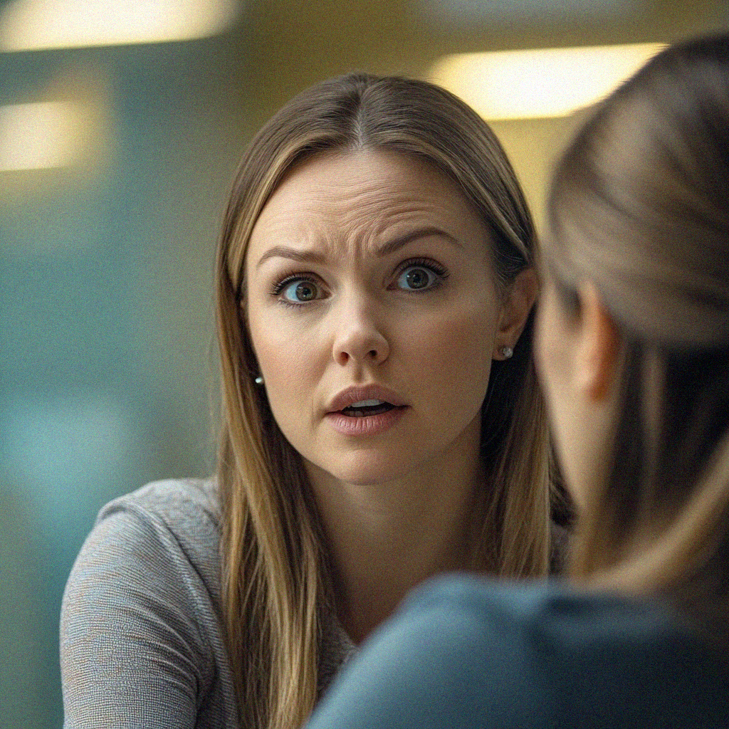 Woman with a surprised expression talking to another woman off-camera.