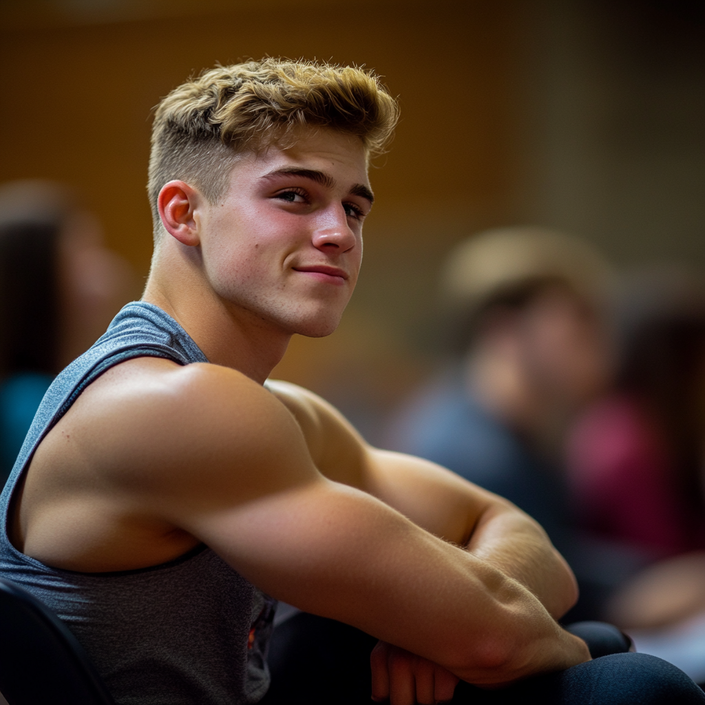 A confident young sprinter in athletic gear inside a college lecture hall smirking with quiet arrogance. His arms are crossed, his posture relaxed yet dominant. The blurred background shows other students.