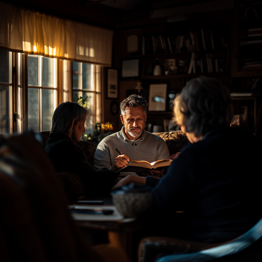 Morning, a middle-aged male author sits in the living room of a cozy house, signing a book with a pen while his relatives surround him. Sunlight streams through the window.