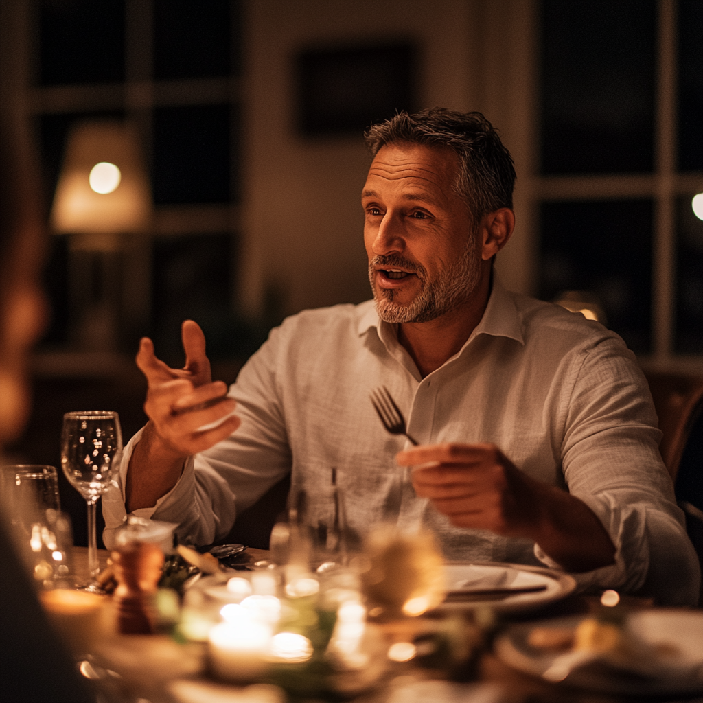 A middle-aged man with a proud demeanor sits at the head of the dinner table, gesturing dramatically with a fork mid-lecture.