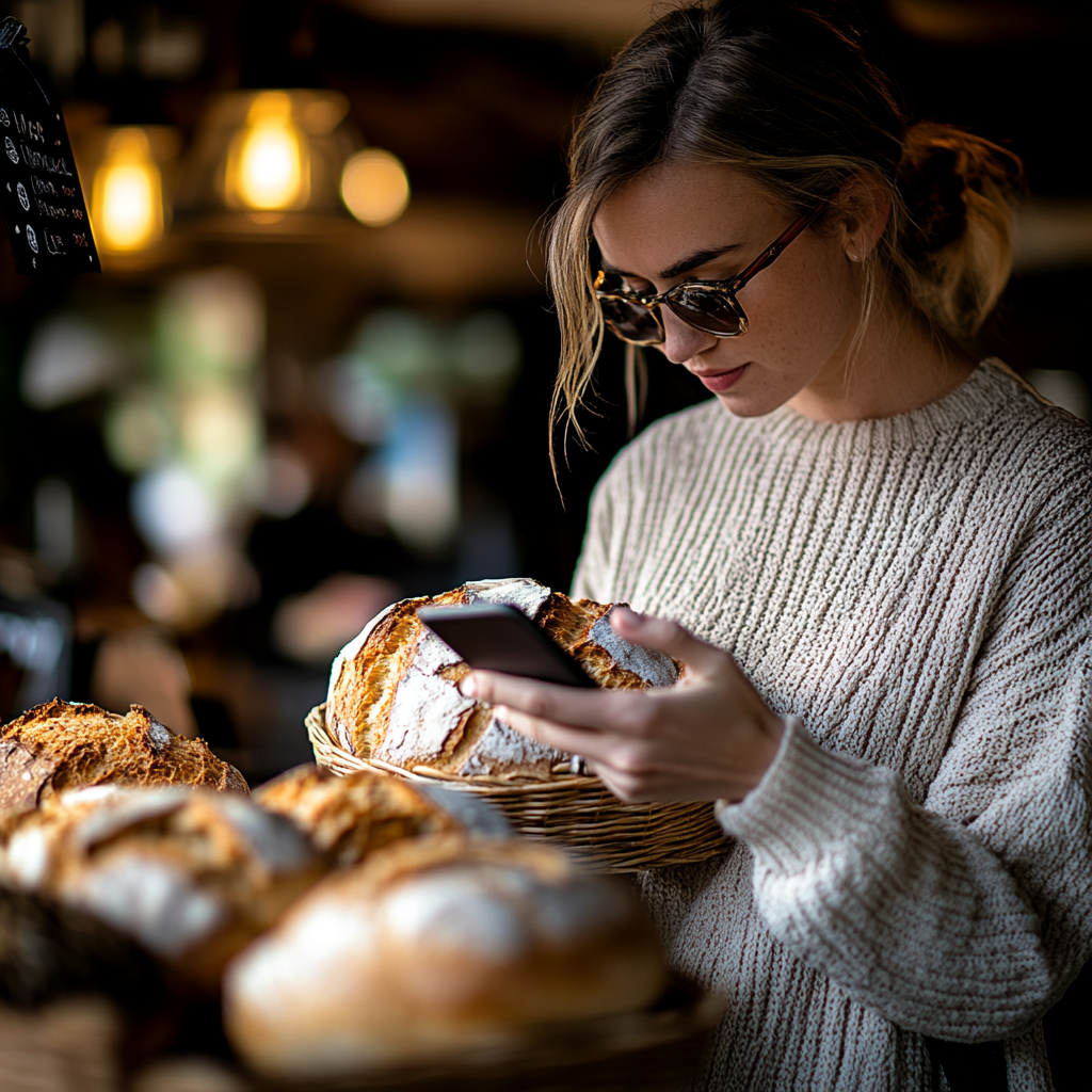 fashionable woman in her late 20s holds a misshapen loaf of bread in one hand and a smartphone in the other, inspecting the loaf with a critical, raised eyebrow.