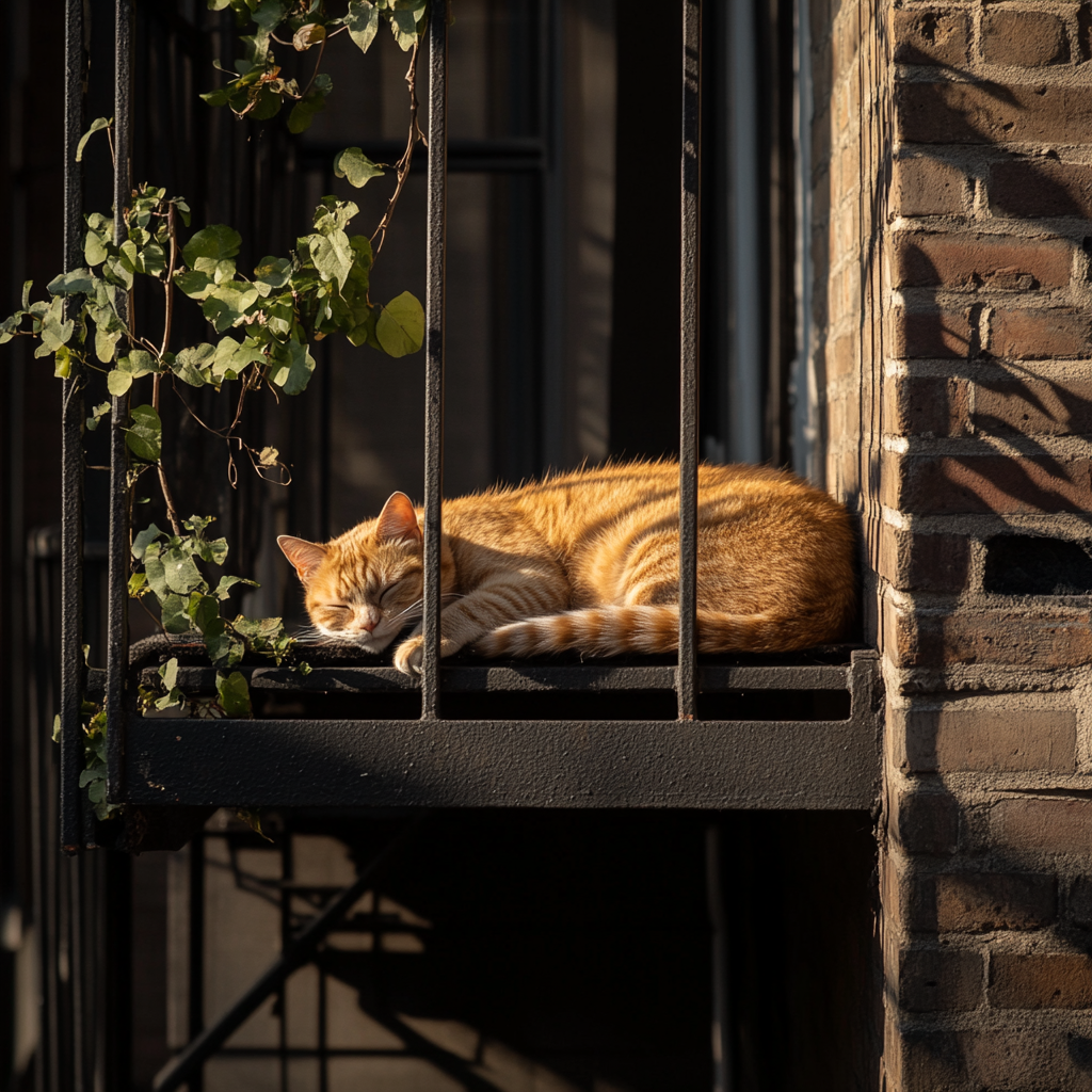 A metal fire escape with a sleeping orange tabby cat bathe in sunlight.
