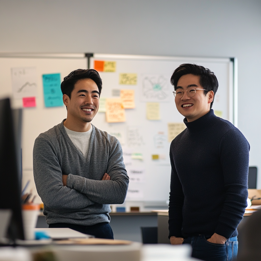 A modest rented office features two Asian American men in their late 20s. Motivational posters and a whiteboard with scattered ideas frame the scene, symbolizing the ambitious beginnings of their business.