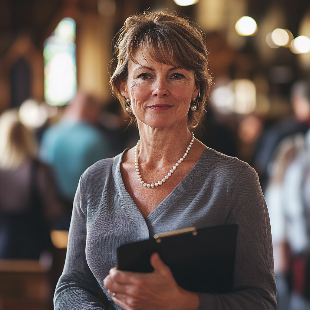 A middle-aged woman stands confidently in a bustling church hall, wearing a perfectly pressed blouse and a pearl necklace. She holds a clipboard tightly against her chest, her expression a practiced smile that borders on condescending.