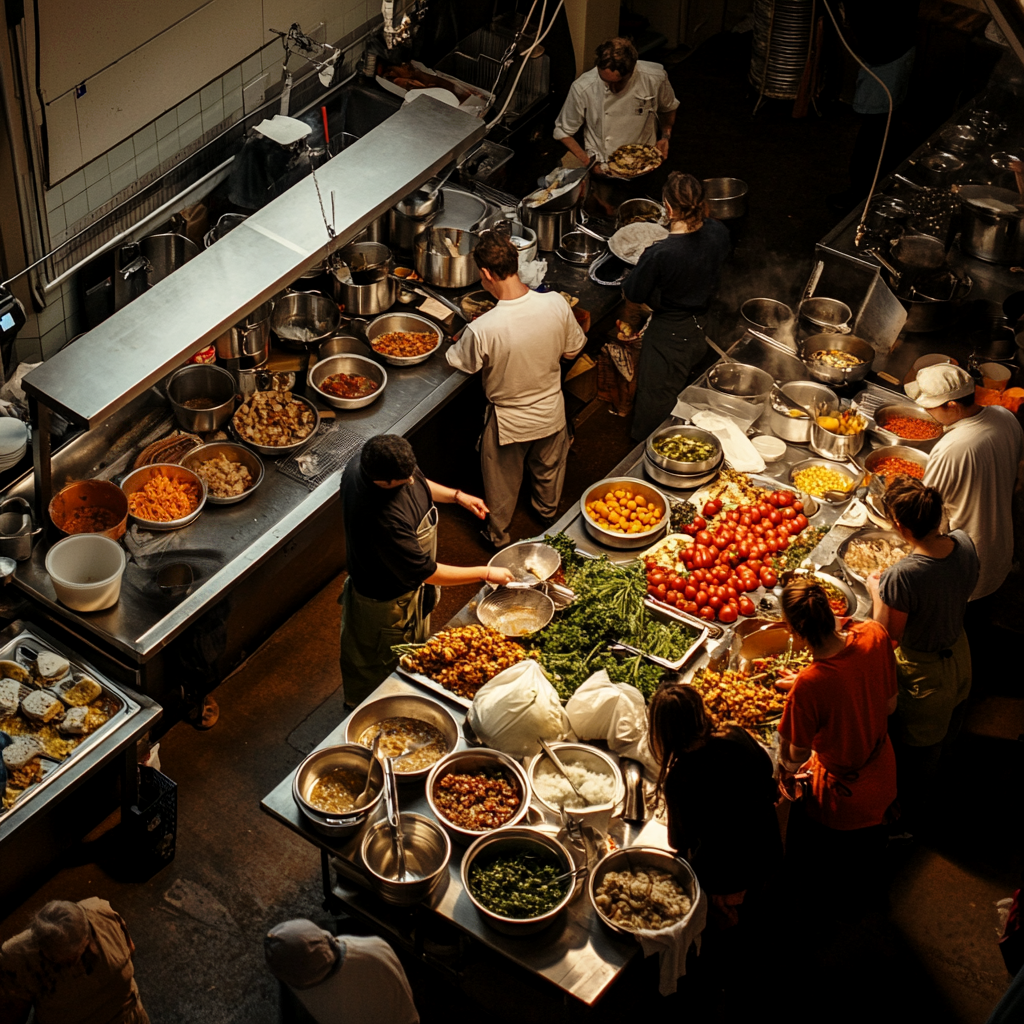 A bustling church basement kitchen filled with volunteers busy preparing food.