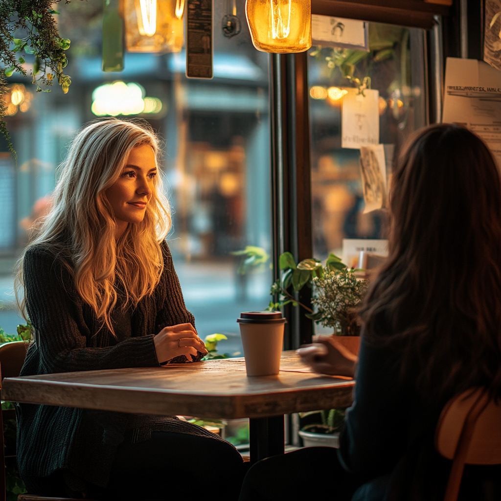 Two women talking over coffee in a café.