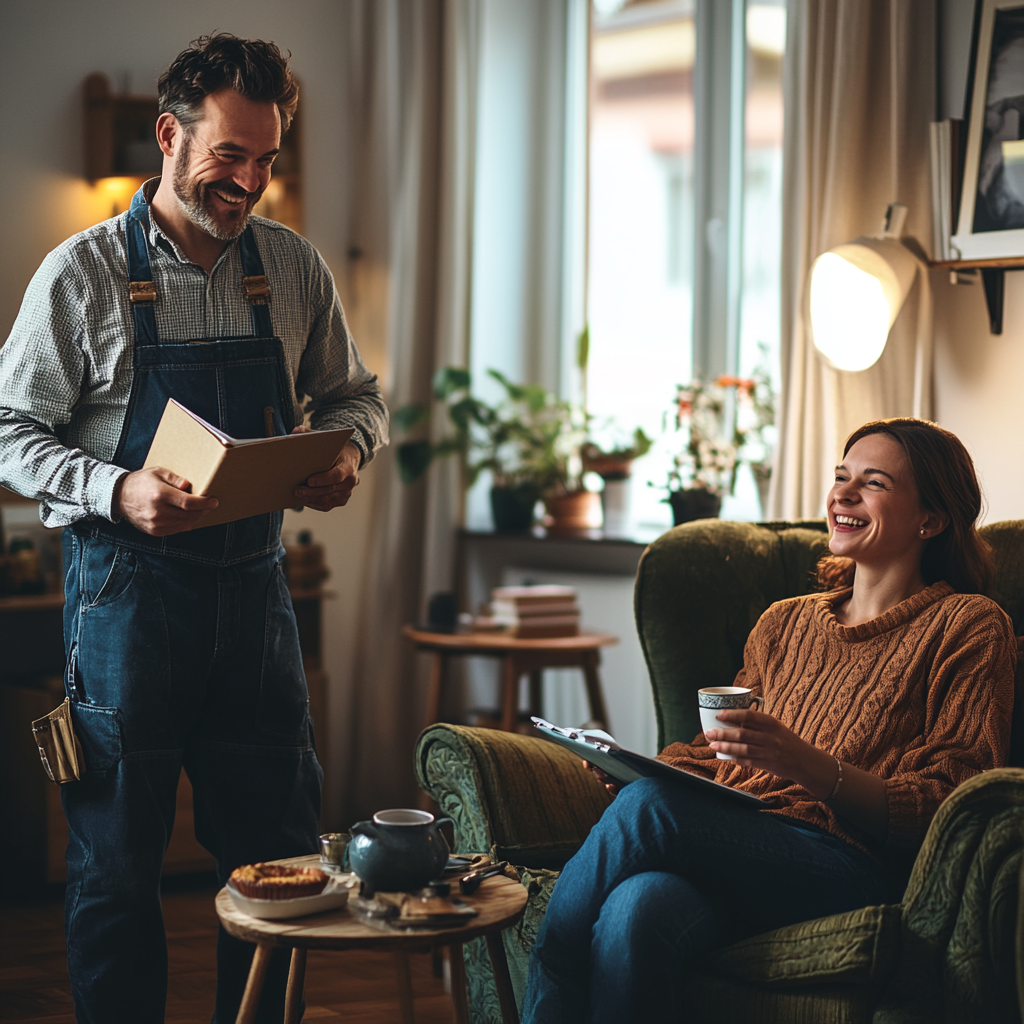 Man smiling and holding a folder and a woman seated with tea cup in her hand.