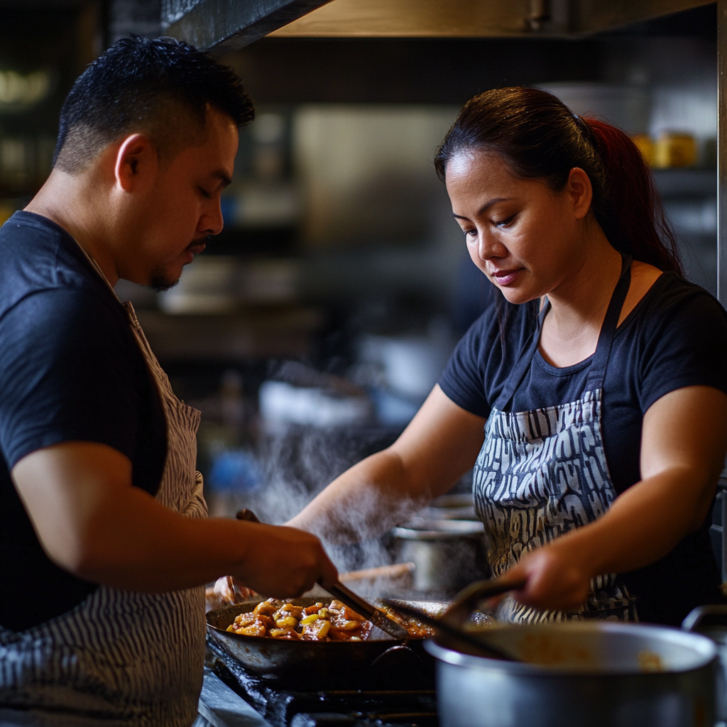 A Filipino man and woman cooking adobo in a restaurant kitchen.