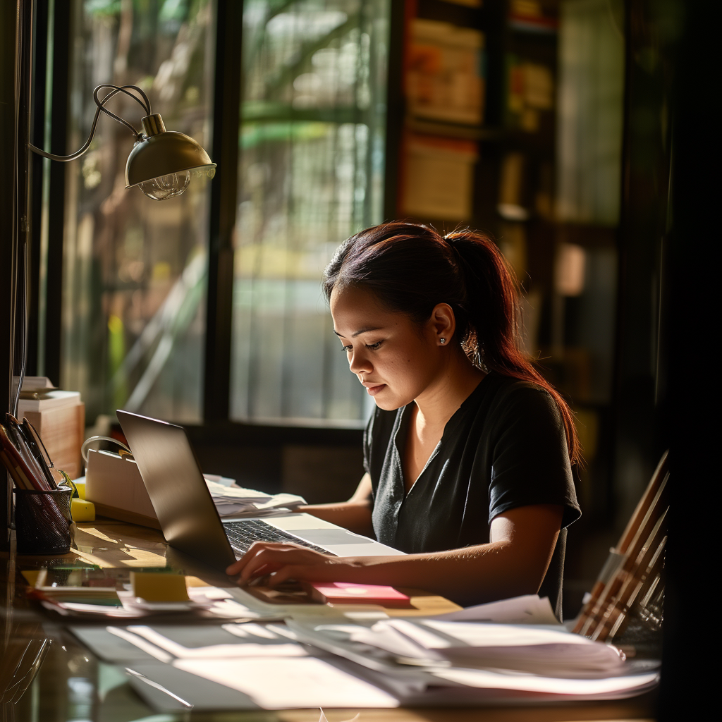 A Filipino woman sits at a desk in a sunlit room, her posture focused as she types on a laptop. Scattered across the desk are printed documents.