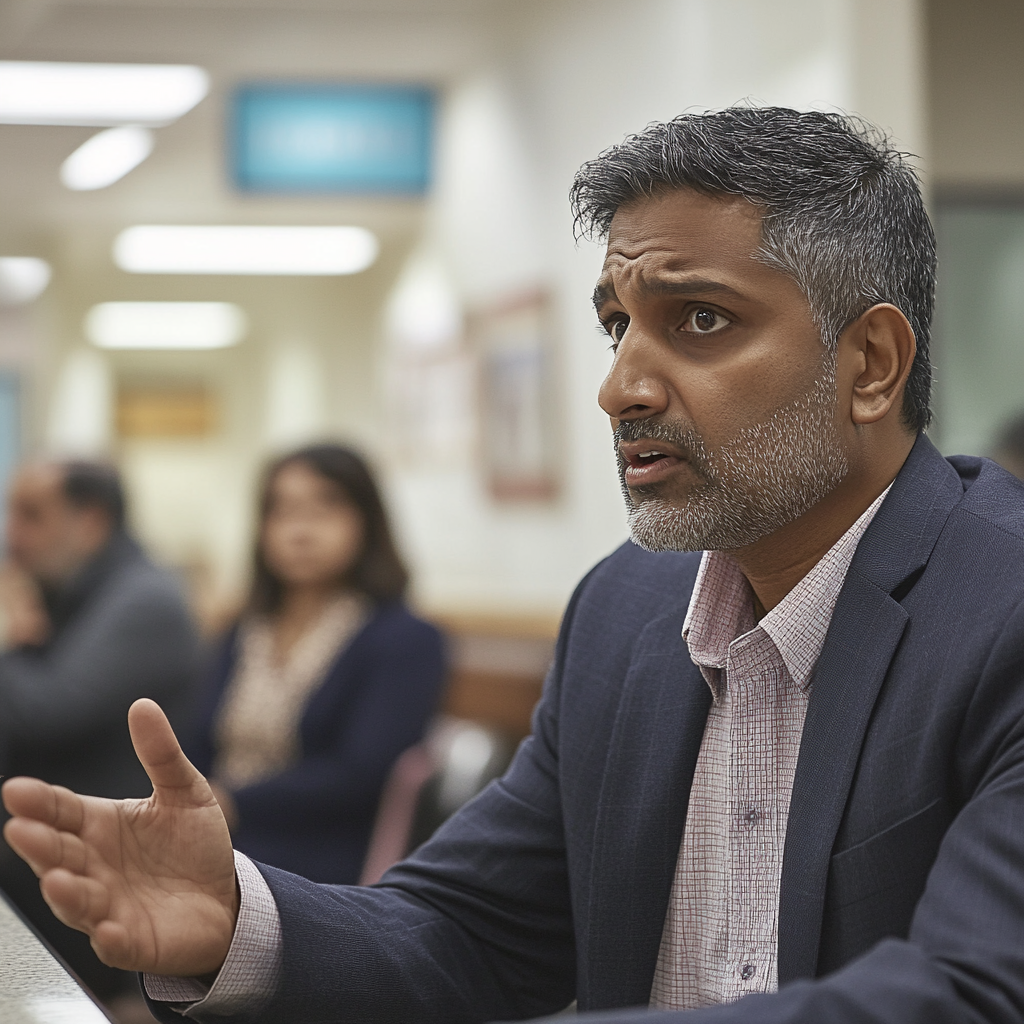 A frustrated South Asian man in his 50s wearing a sharp navy suit gestures frantically at the counter in a licensing office. The waiting area in the blurred background is filled with silent onlookers.