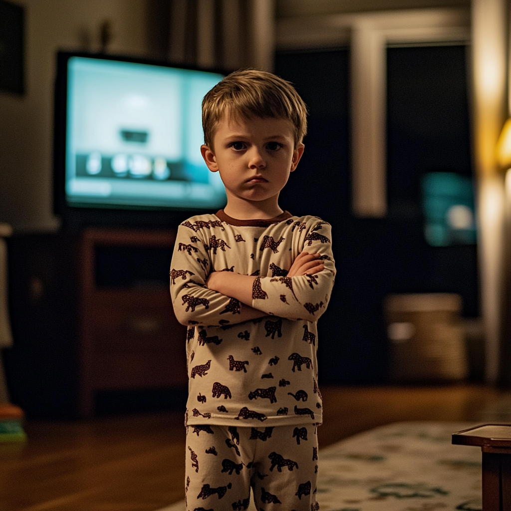 A little boy wearing pajamas with this arms crossed defiantly while standing by the TV in the living room.