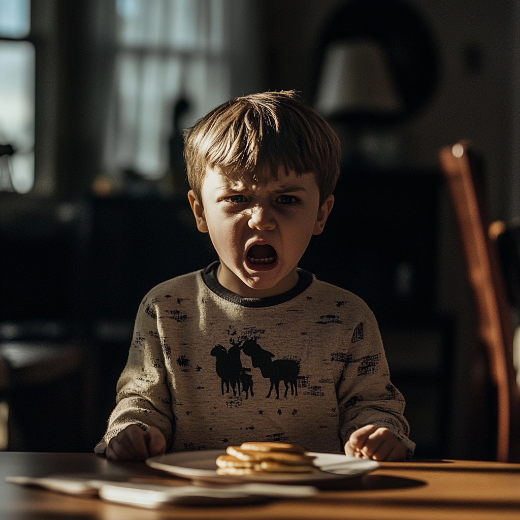 A little boy throwing a tantrum over pancakes on the table.