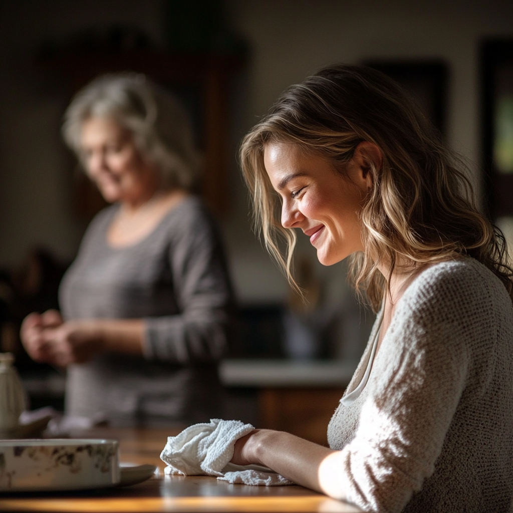 A young mom wiping a dining table with a smile on her face. In the softly blurred background, a grandmother woman with wavy shoulder-length hair stands with a contrite posture