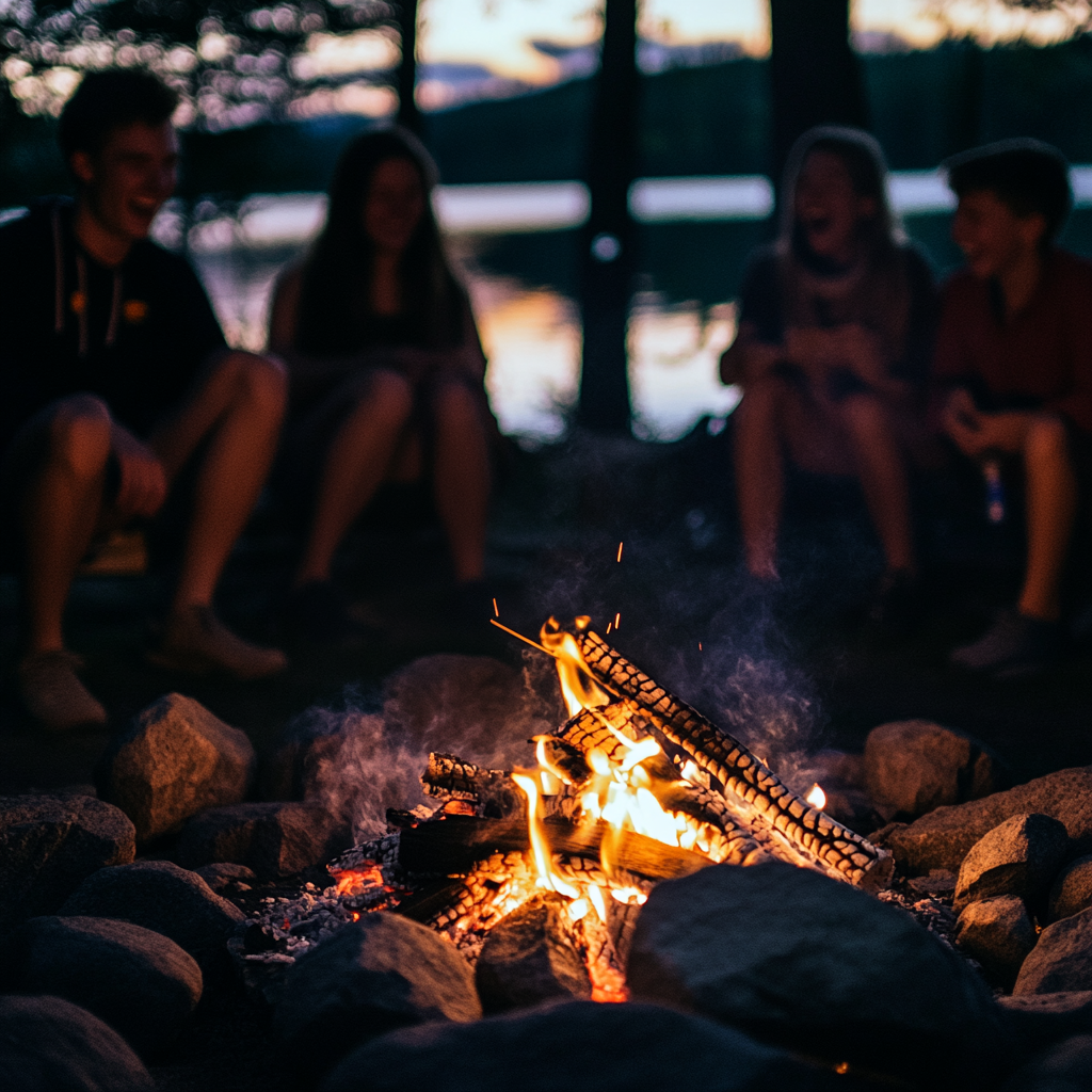 A bonfire surrounded by laughing teenage campers in the blurred background.