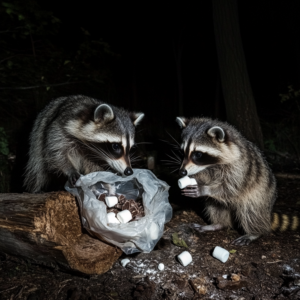 Two raccoons digging into a bag of chocolate and marshmallows near a log.