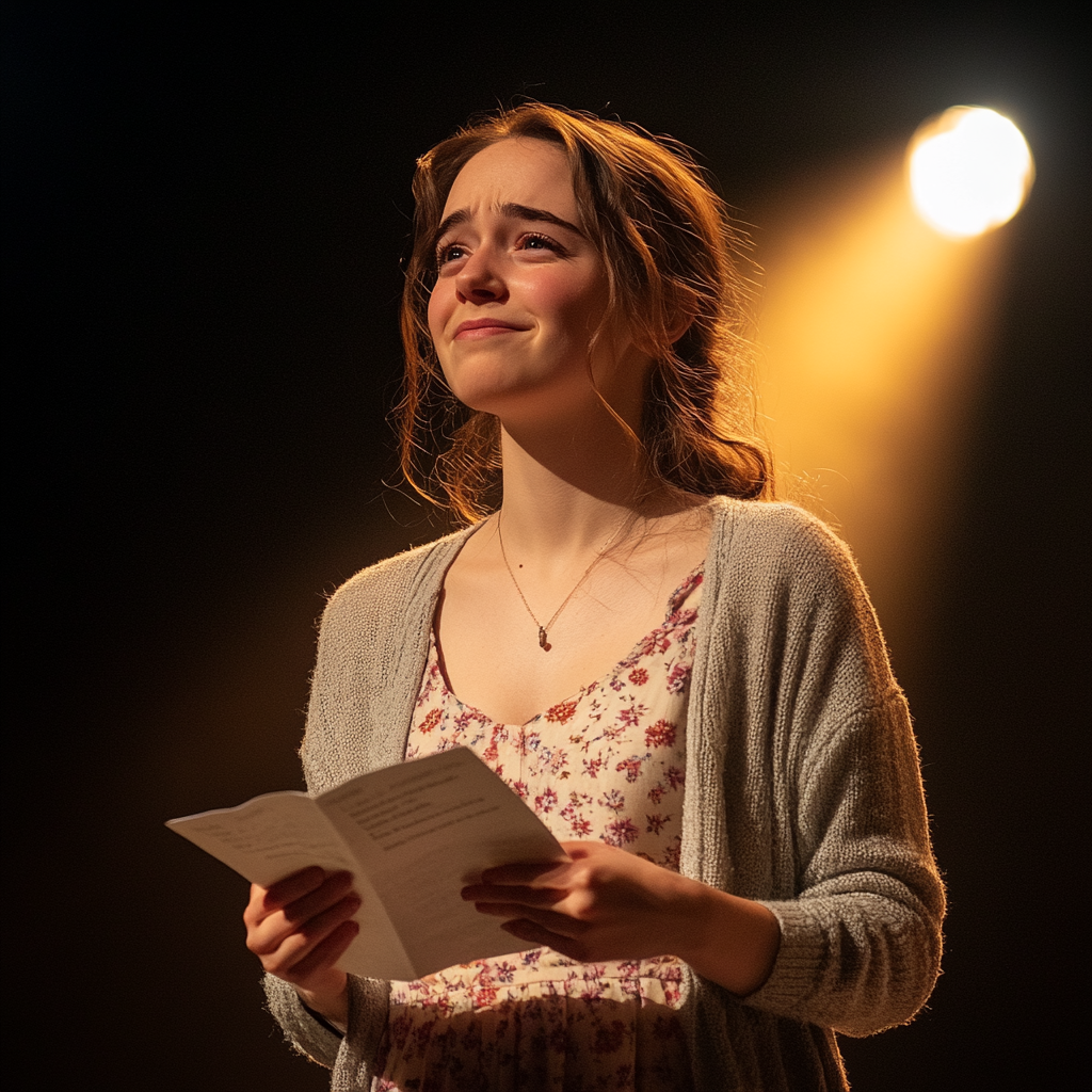 A young woman of medium height with loosely tied back wavy brown hair stands on stage under a warm spotlight, wearing a floral dress and cardigan. She's looking at the audience section with an emotional smile, while a script near her chest.