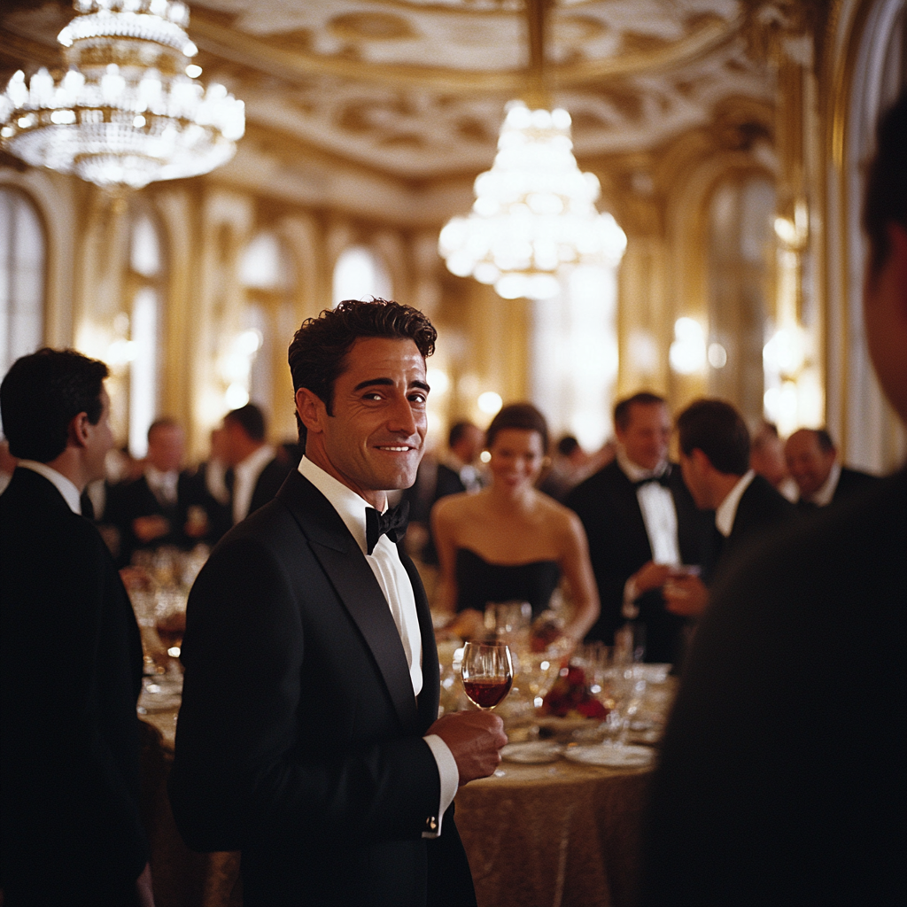 A 30-something man wearing a tuxedo and holding a wine glass in standing inside a ballroom with a smug smirk on his face while other guests mingle in the softly blurred background.
