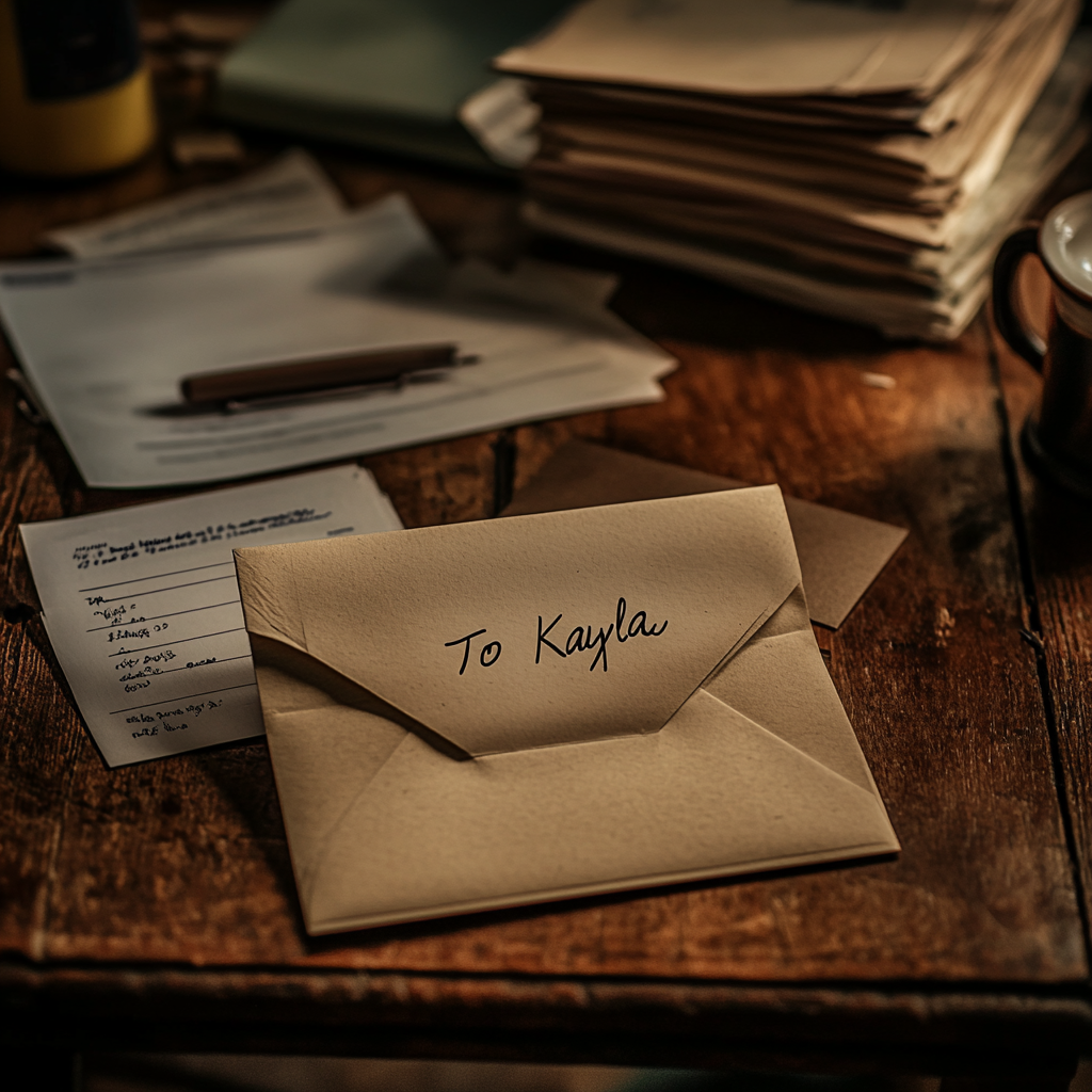 A letter envelope laid on a wooden office table with the words "To Kayla" handwritten on it, a stack of other documents surrounding it.
