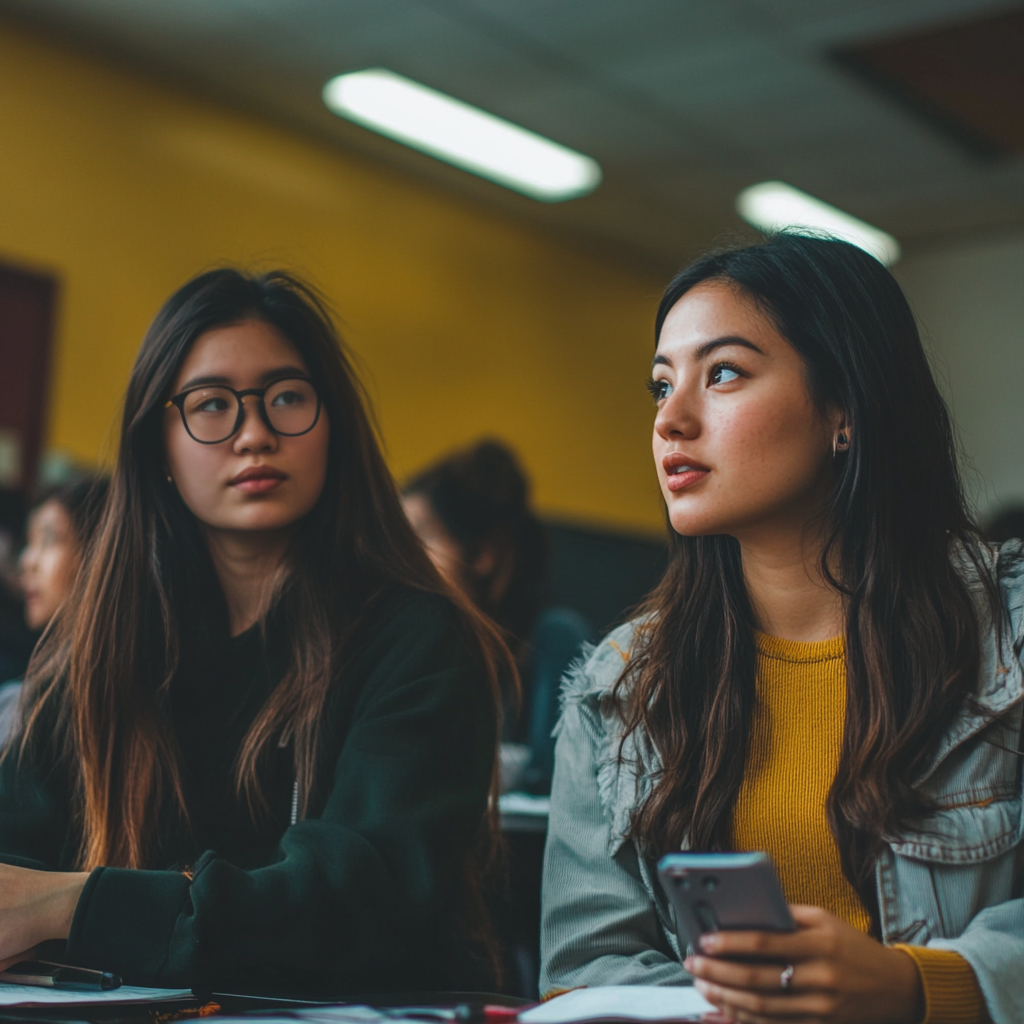 Two women sit next to each other inside a college classroom.