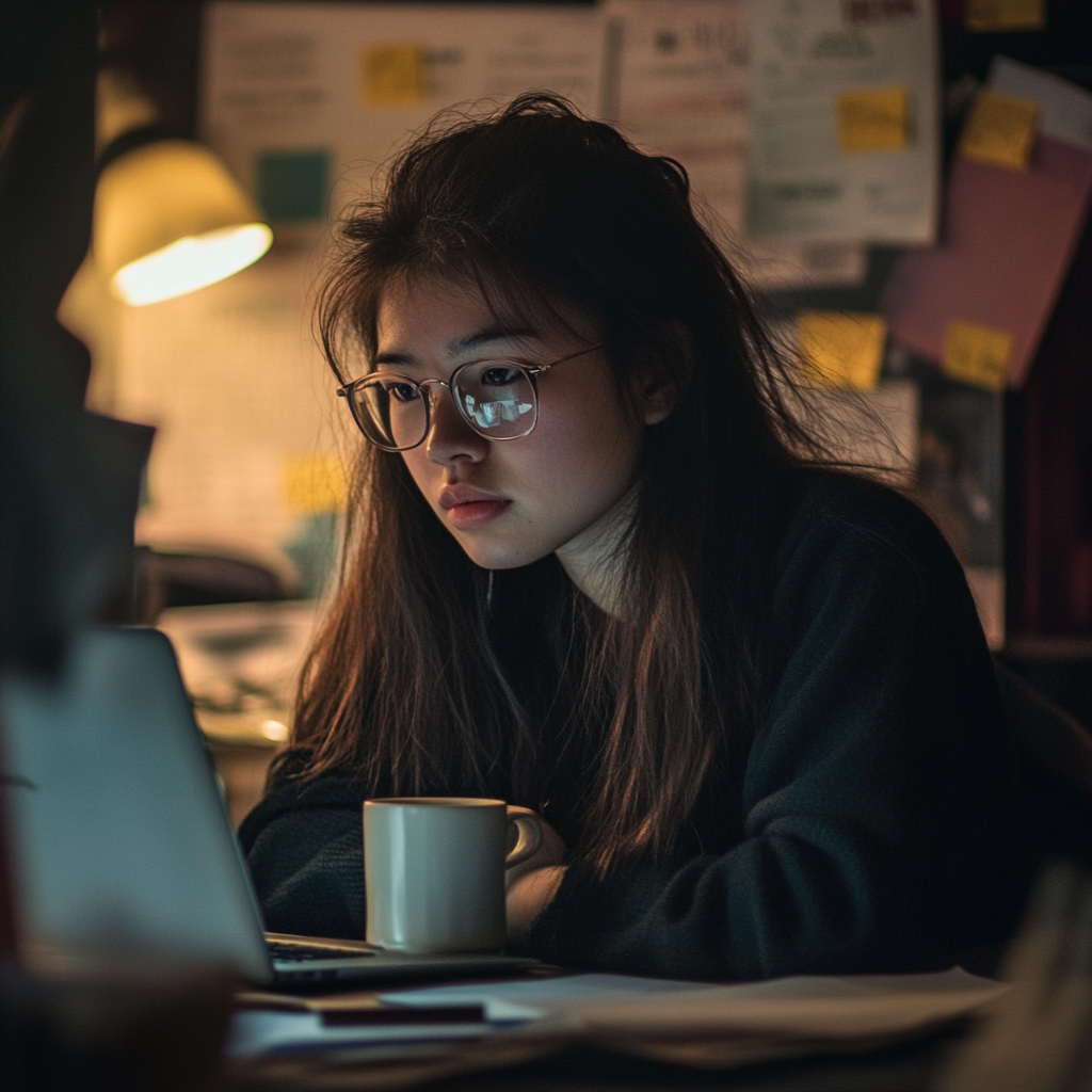 A woman sits at her desk, hunched over her laptop late at night. Her face is illuminated by the screen’s glow, her desk cluttered with research papers, coffee mugs, and sticky notes.