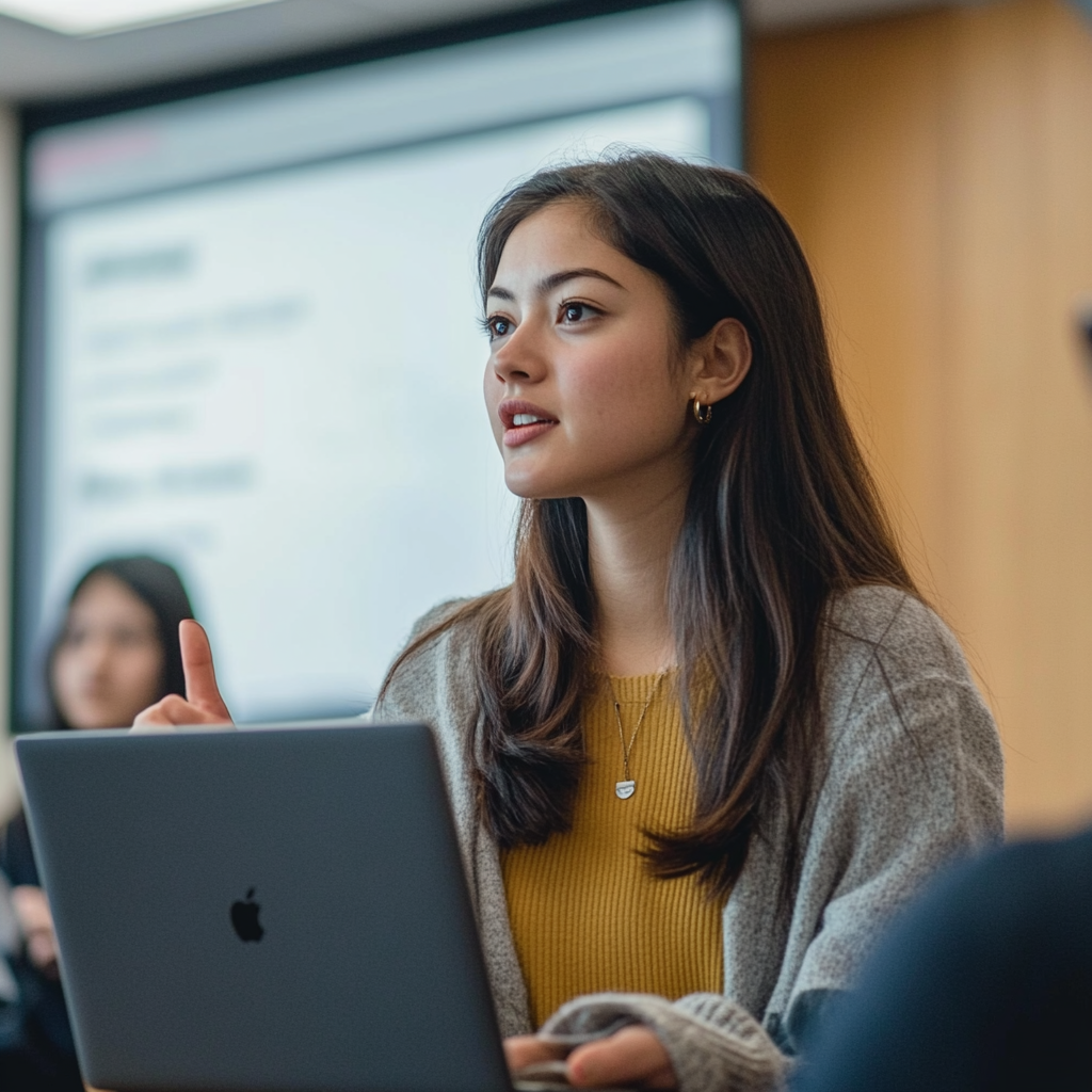 A confident woman presents in a university classroom, gesturing animatedly at a projected slide.
