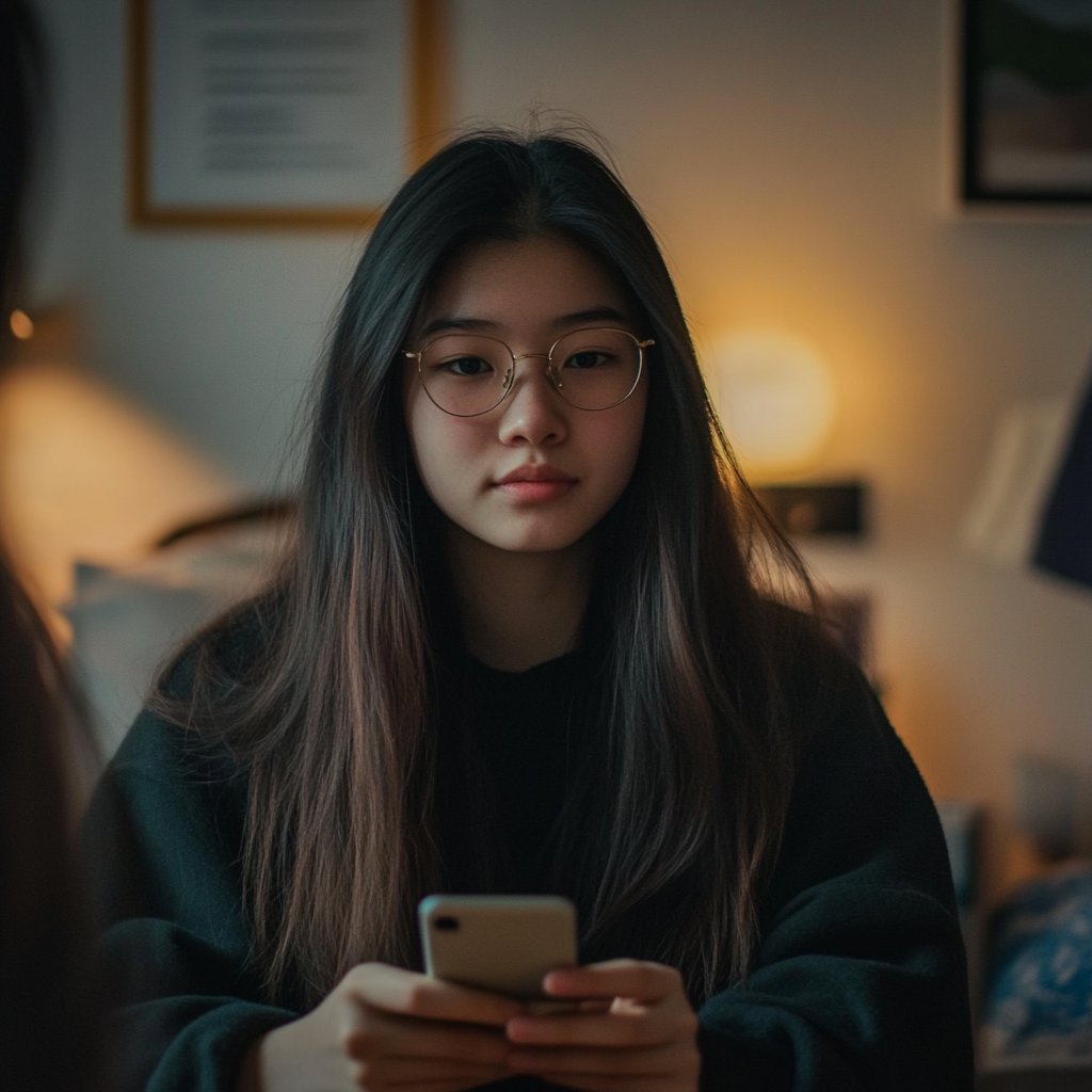 A young woman sits at a desk in her bedroom, reading messages on her phone with a small smile on her face.