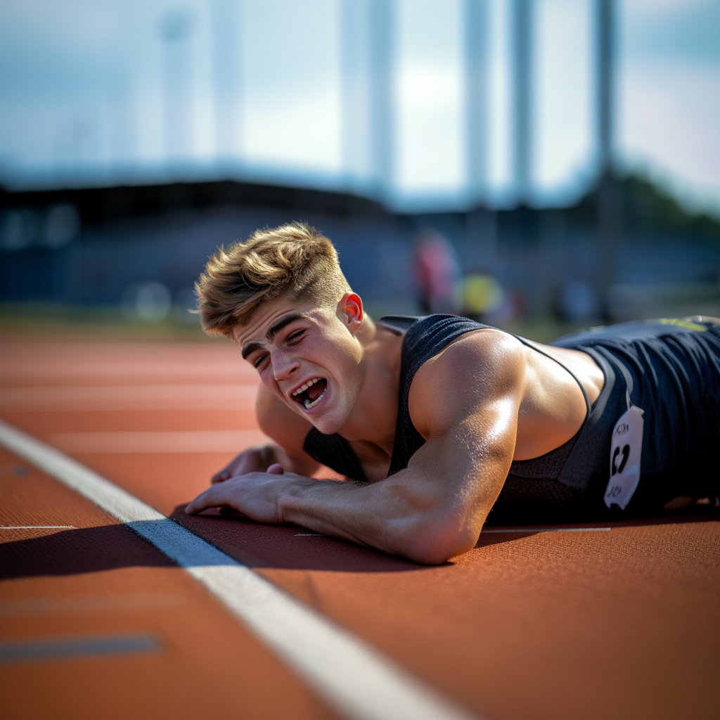 An injured sprinter collapsing on the track, screaming and crying in pain.