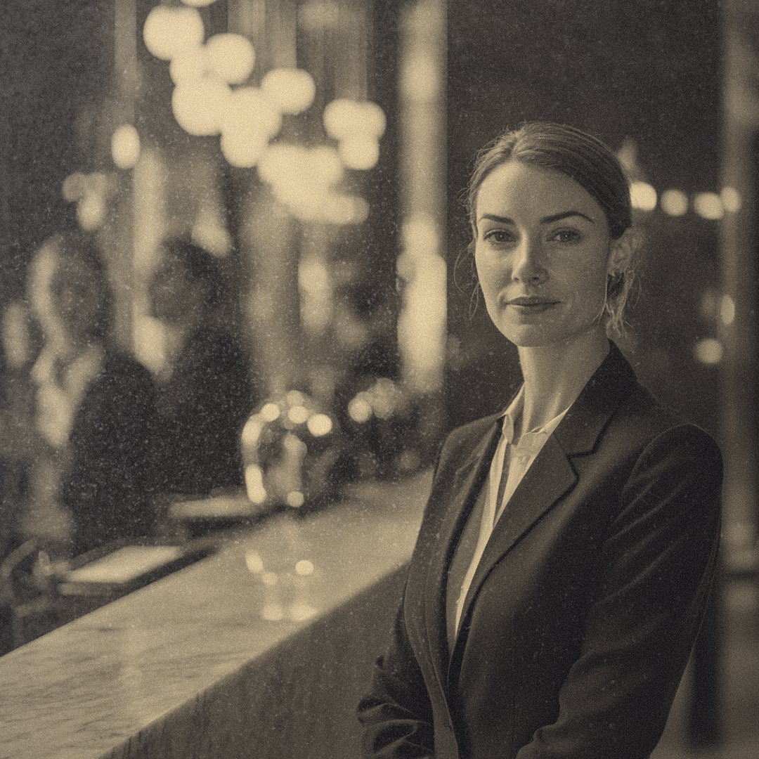 A female hotel supervisor standing behind the front desk and in the background, employees go about their tasks.