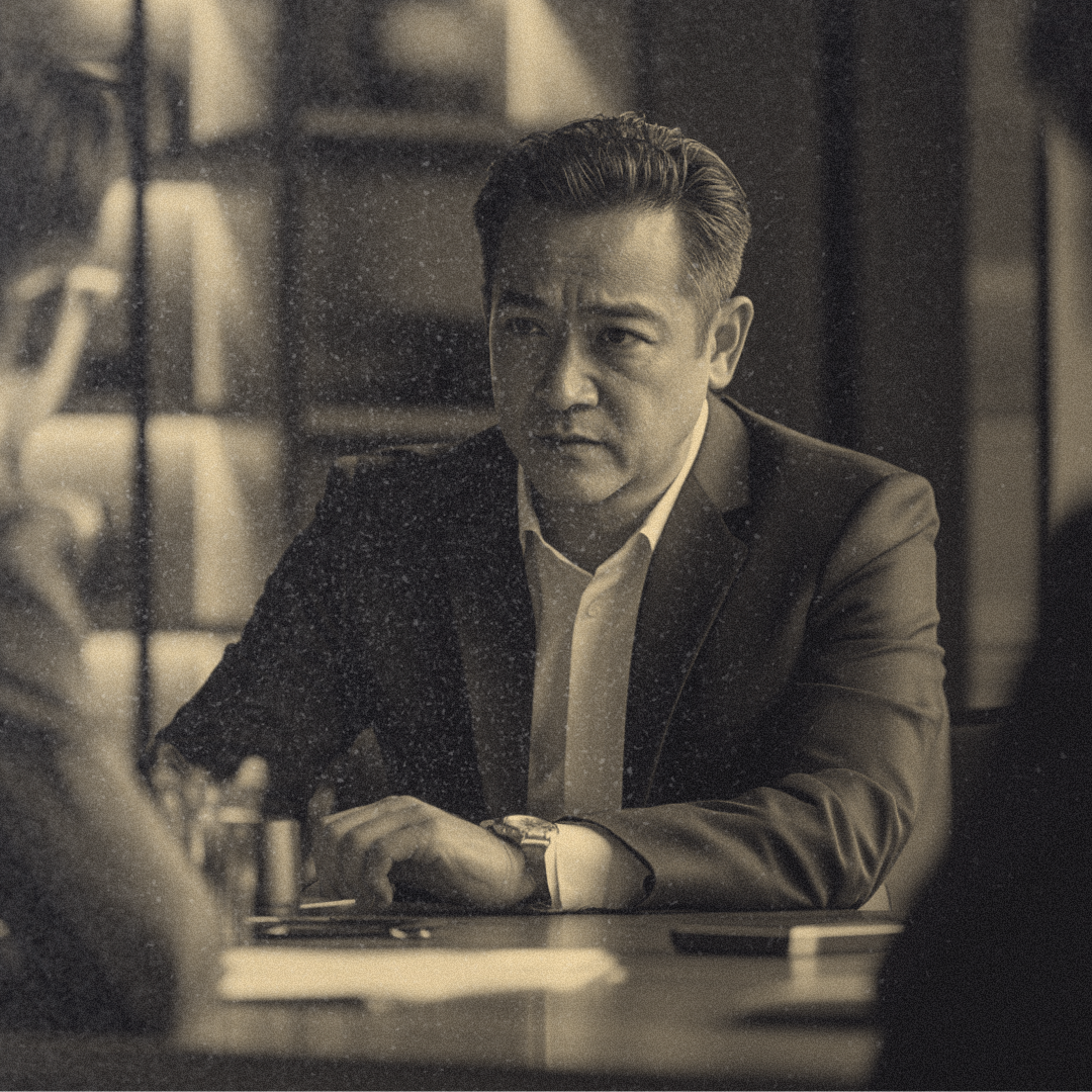 An executive behind a sleek wooden desk in his office, his fingers steepled, and his expression serious, as he quietly listens to someone whose back is turned from the camera.